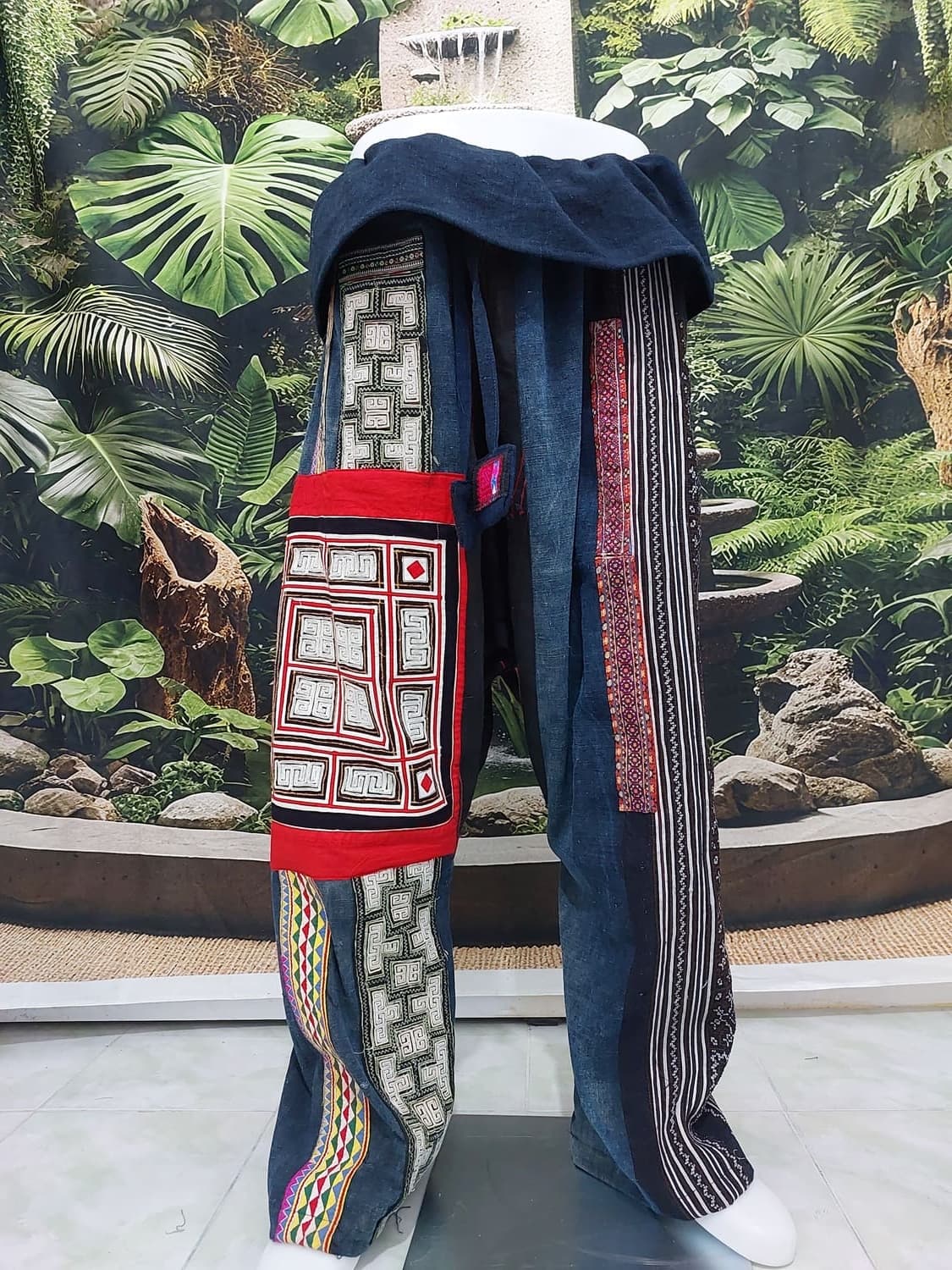 Tribal patchwork pants with handcrafted ethnic fabric details