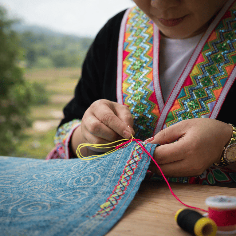 Close-up of colorful handmade stitching on tribal-inspired fabric