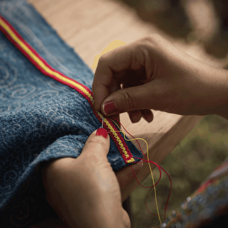 Close-up of hand sewing decorative trim onto textured blue fabric